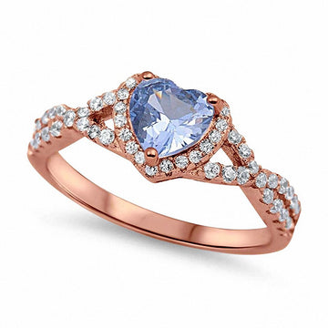 Heart Promise Ring Infinity Shank Rose Tone, Simulated Aquamarine CZ 925 Sterling Silver